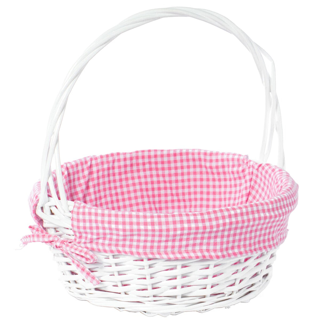 Panier-cadeau rond en osier blanc, avec doublure et poignée vichy