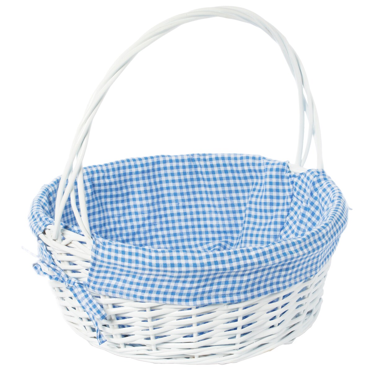 Panier-cadeau rond en osier blanc, avec doublure et poignée vichy