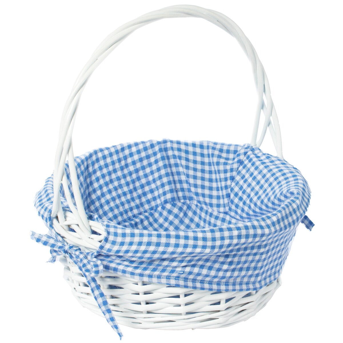 Panier-cadeau rond en osier blanc, avec doublure et poignée vichy