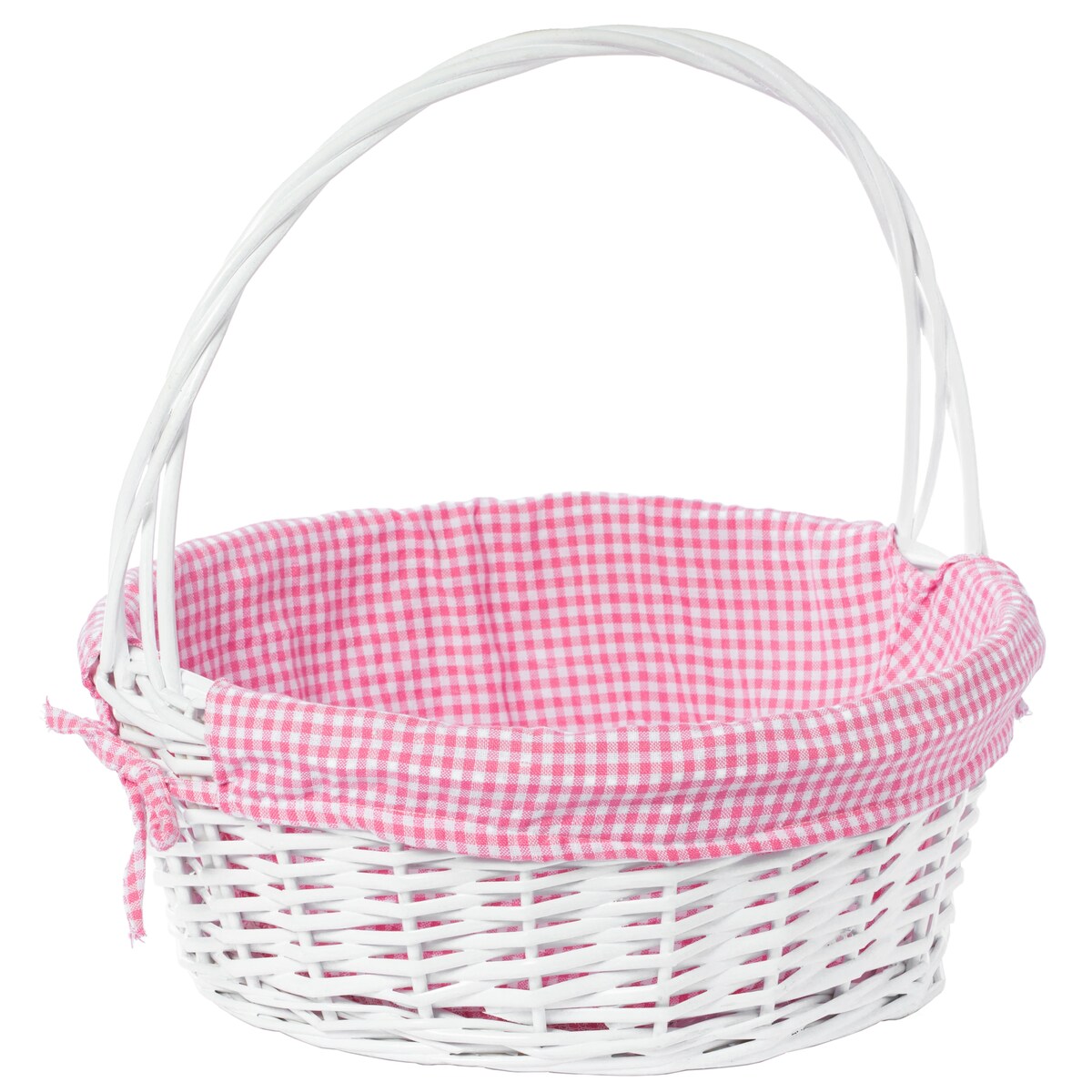 Panier-cadeau rond en osier blanc, avec doublure et poignée vichy