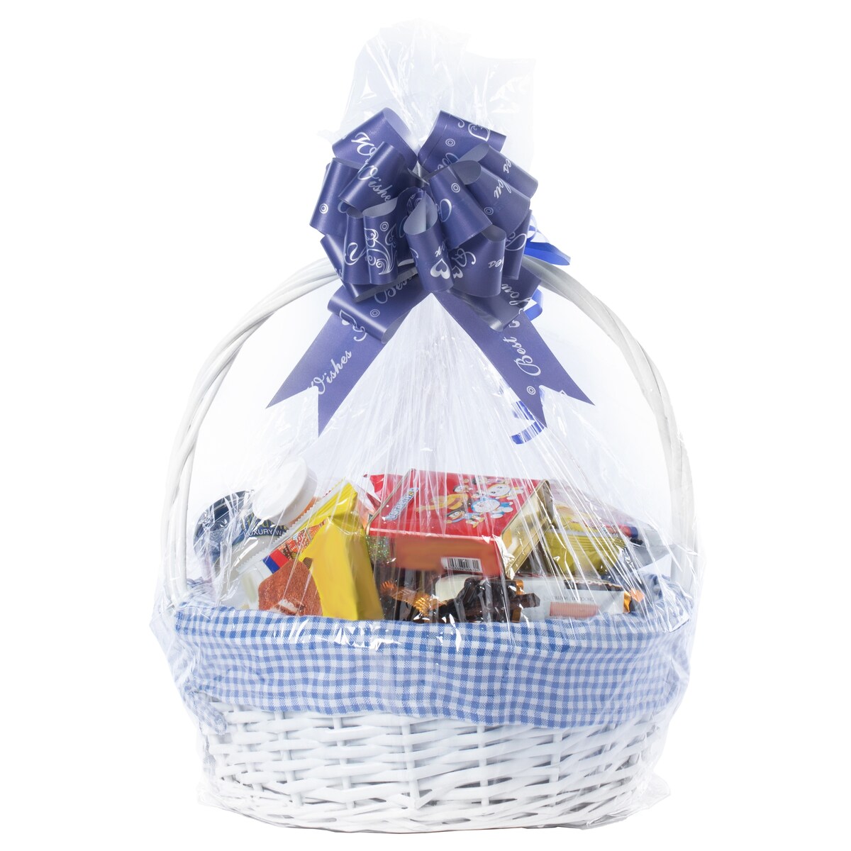 Panier-cadeau rond en osier blanc, avec doublure et poignée vichy