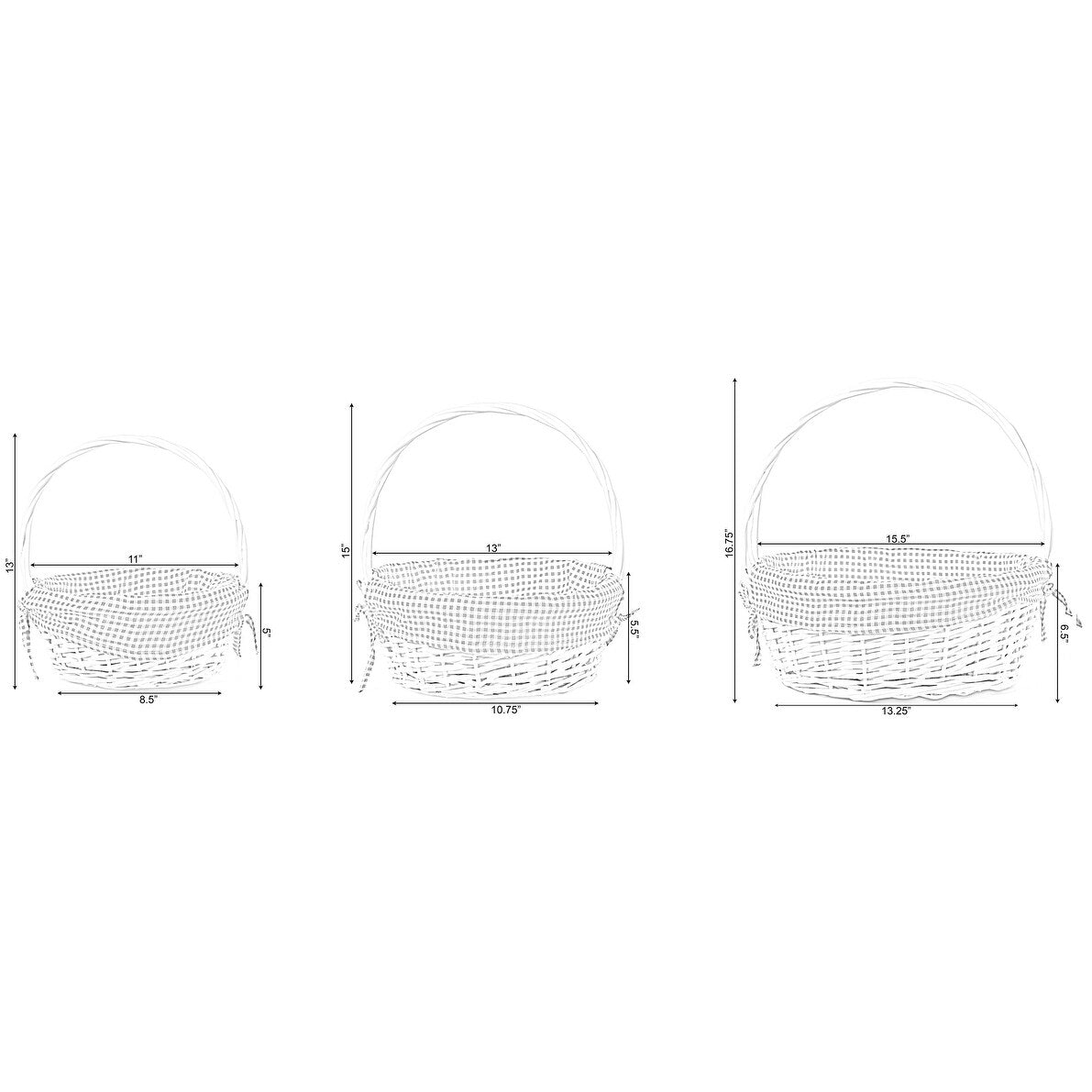 Panier-cadeau rond en osier blanc, avec doublure et poignée vichy