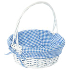 Panier-cadeau rond en osier blanc, avec doublure et poignée vichy