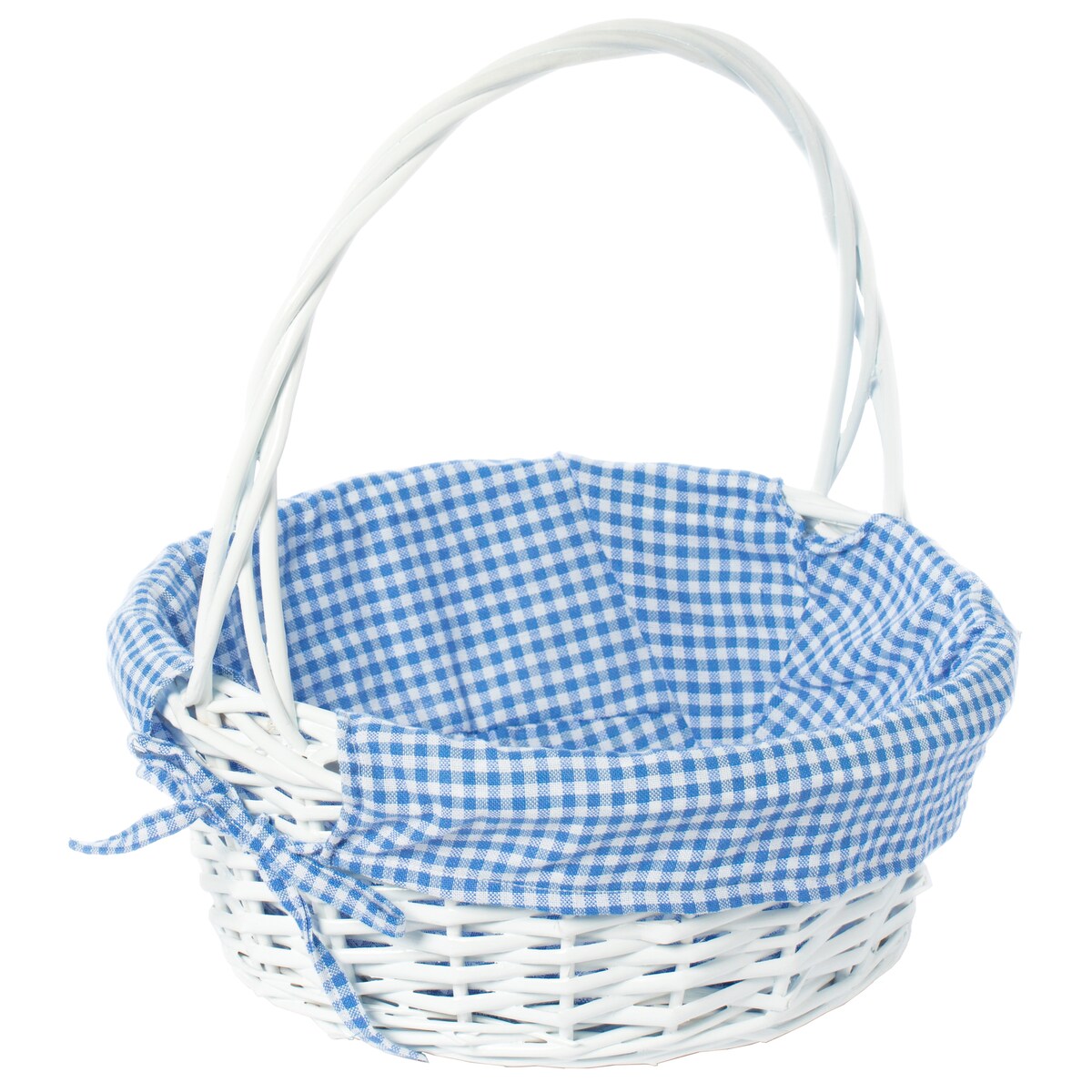 Panier-cadeau rond en osier blanc, avec doublure et poignée vichy