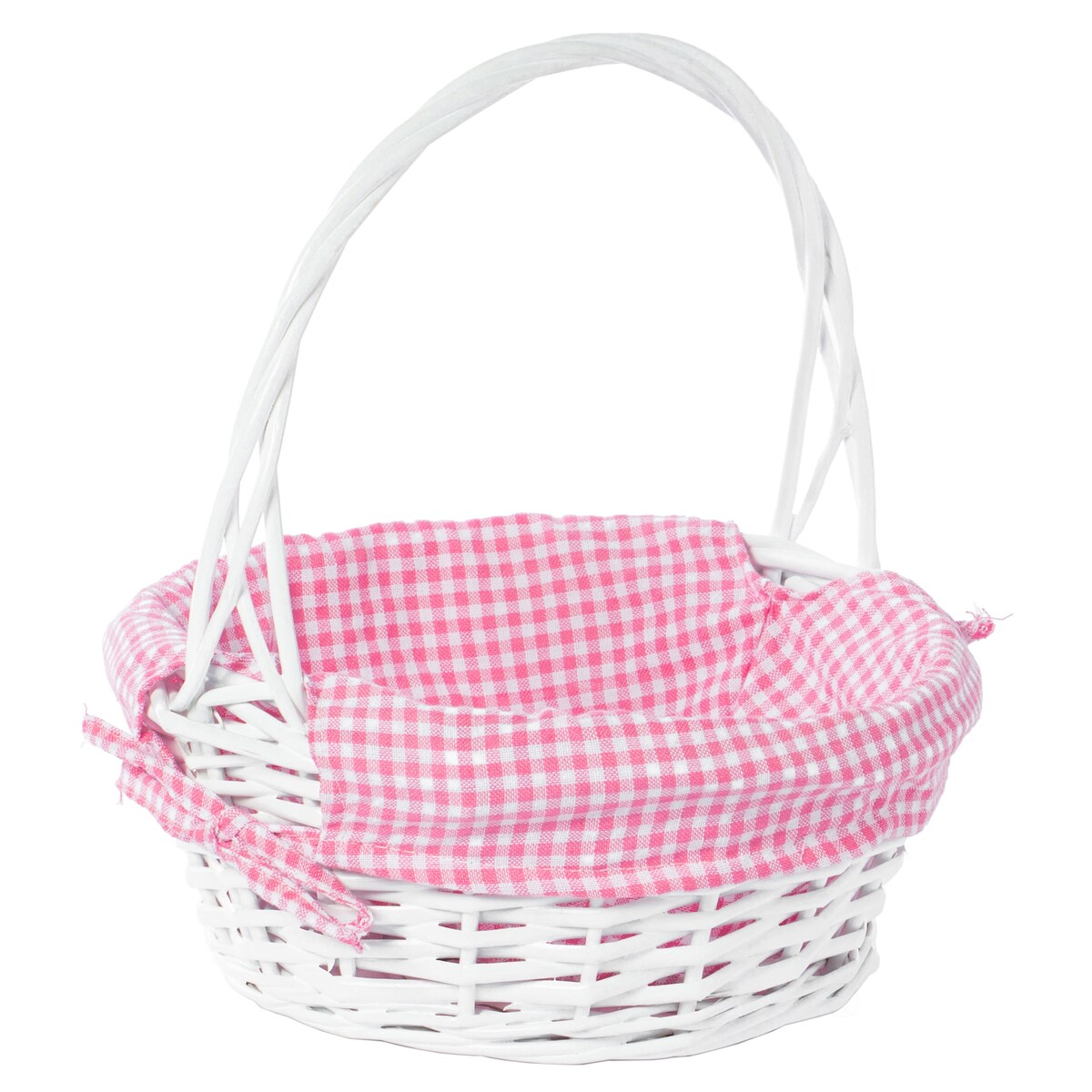 Panier-cadeau rond en osier blanc, avec doublure et poignée vichy