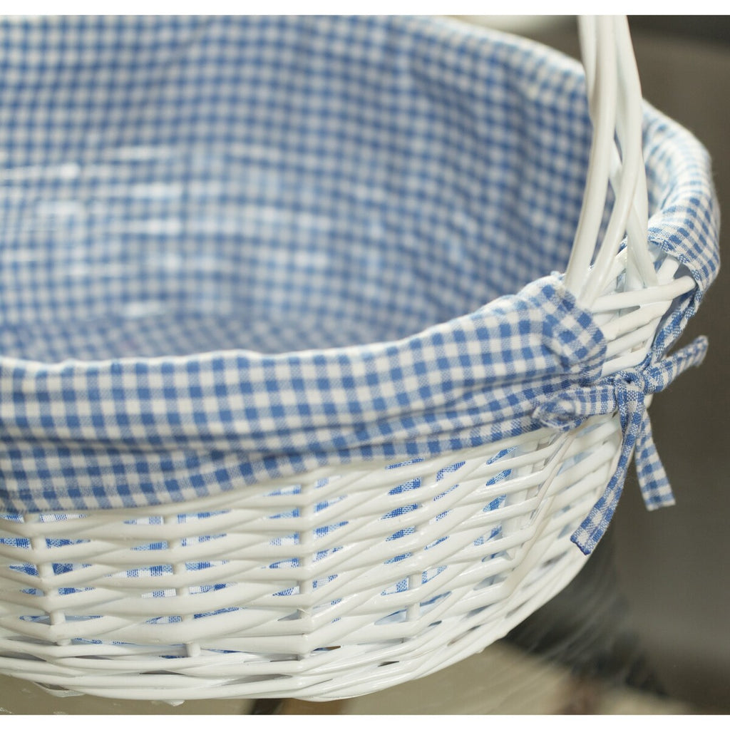 Panier-cadeau rond en osier blanc, avec doublure et poignée vichy
