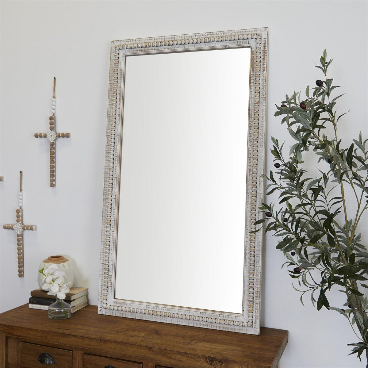Miroir mural rectangulaire en bois rustique blanchi à la chaux sculpté et perlé 48 x 28 - Miroir 48 x 28