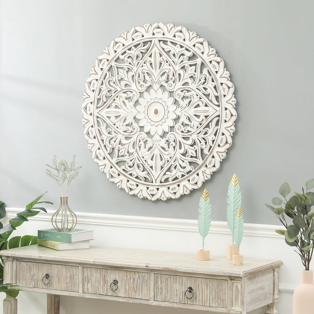 Décoration murale ronde en bois blanc vieilli avec mandala floral (31,5 cm)
