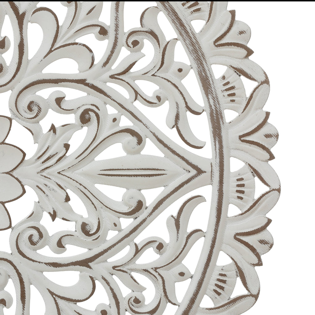 Décoration murale ronde en bois blanc vieilli avec mandala floral (31,5 cm)