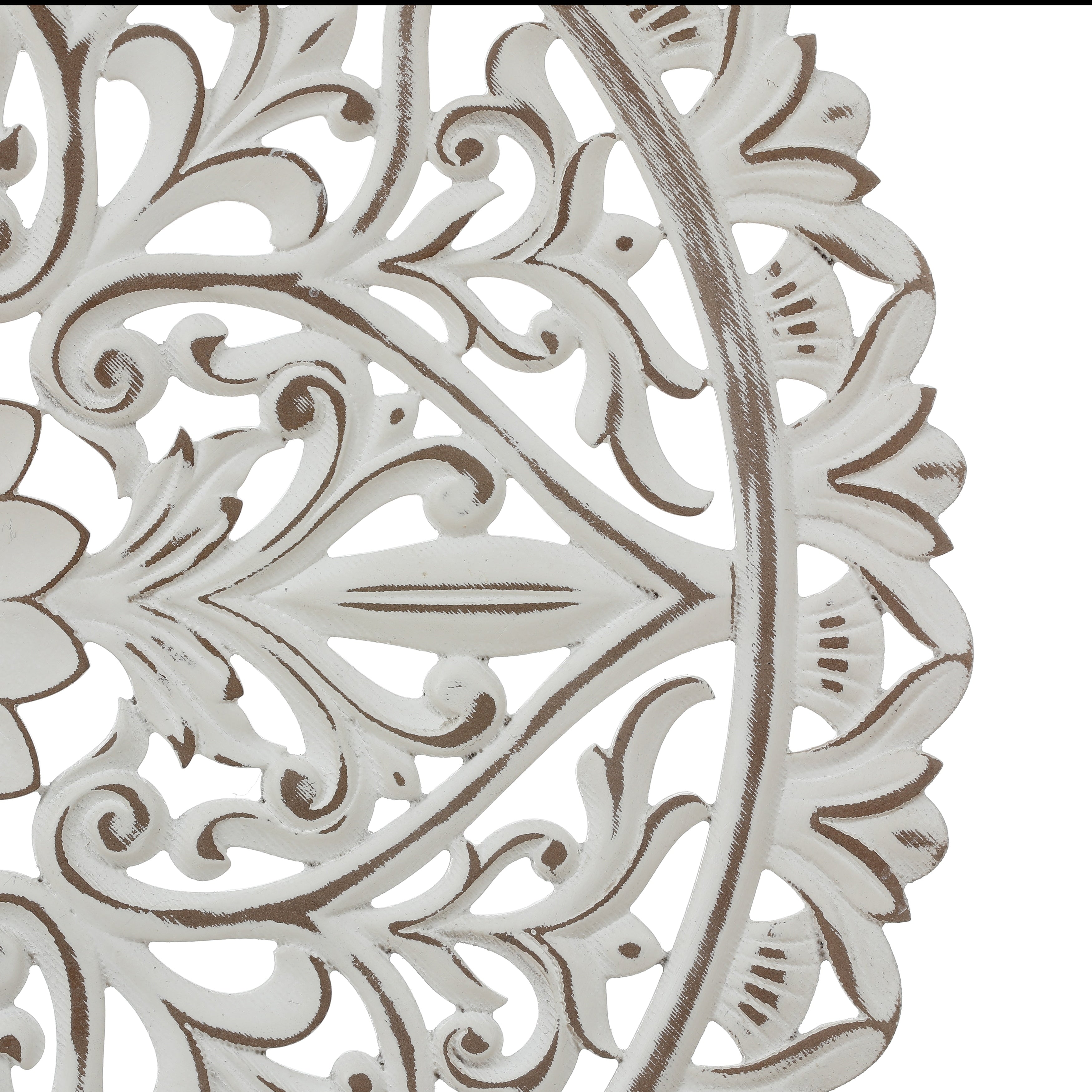 Décoration murale ronde en bois blanc vieilli avec mandala floral (31,5 cm)