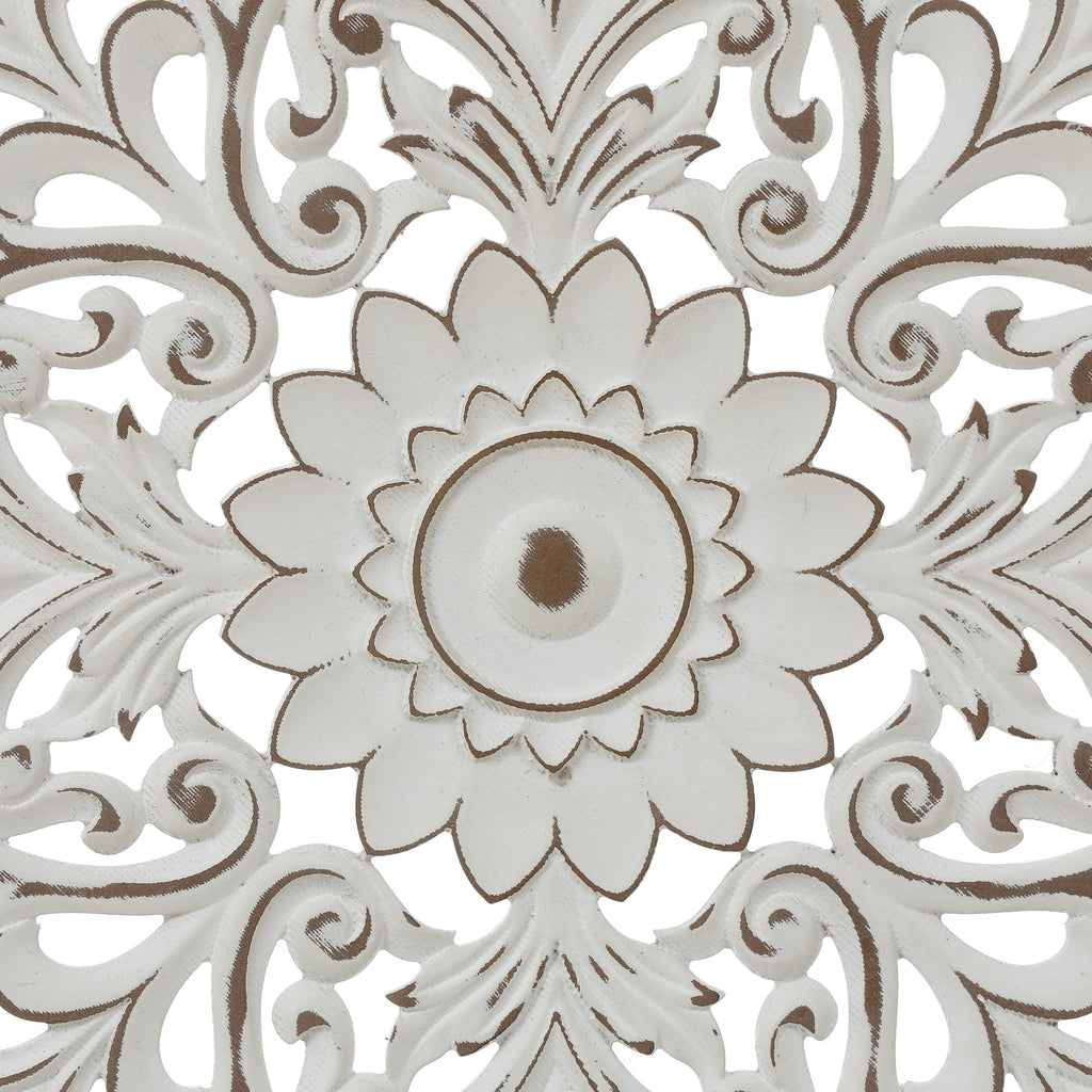 Décoration murale ronde en bois blanc vieilli avec mandala floral (31,5 cm)