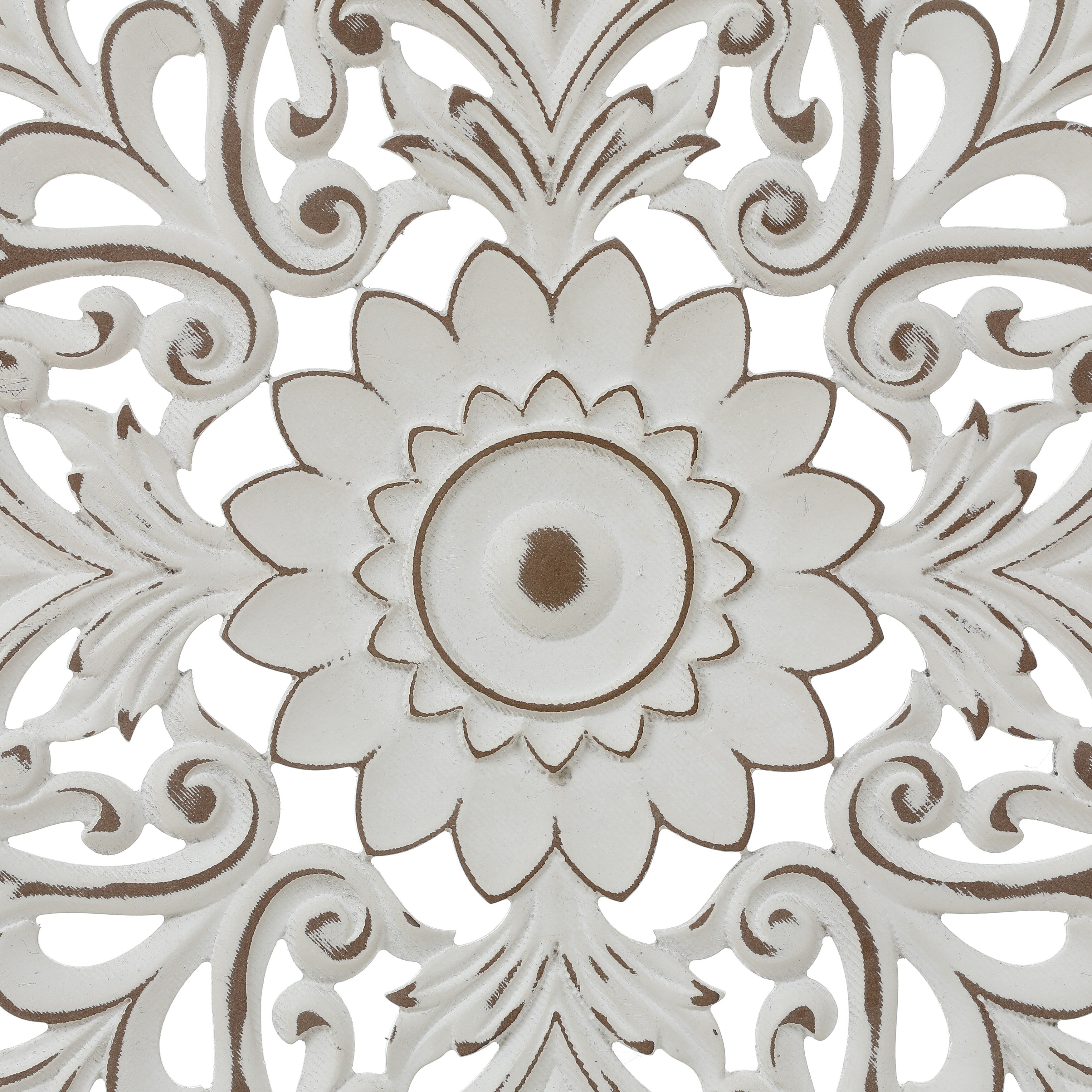 Décoration murale ronde en bois blanc vieilli avec mandala floral (31,5 cm)