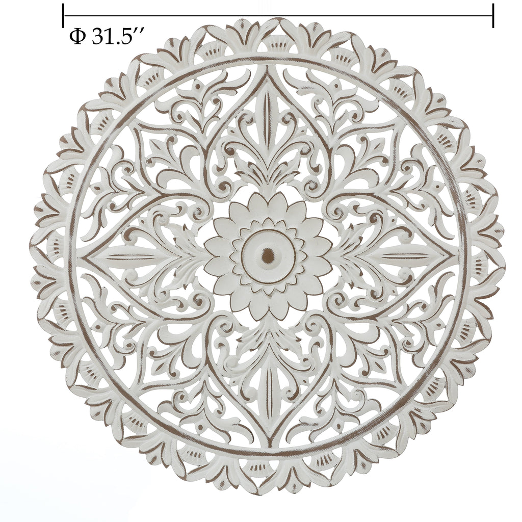 Décoration murale ronde en bois blanc vieilli avec mandala floral (31,5 cm)