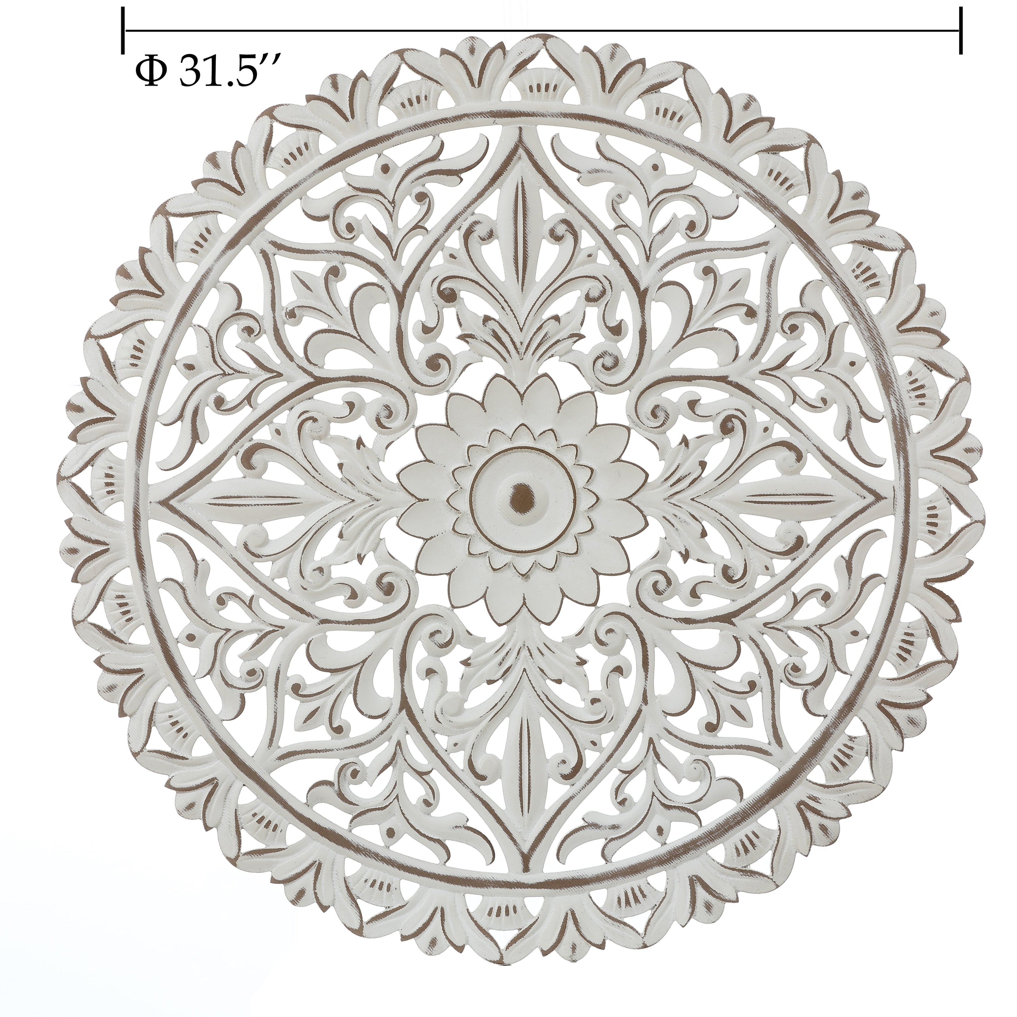 Décoration murale ronde en bois blanc vieilli avec mandala floral (31,5 cm)