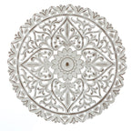 Décoration murale ronde en bois blanc vieilli avec mandala floral (31,5 cm)
