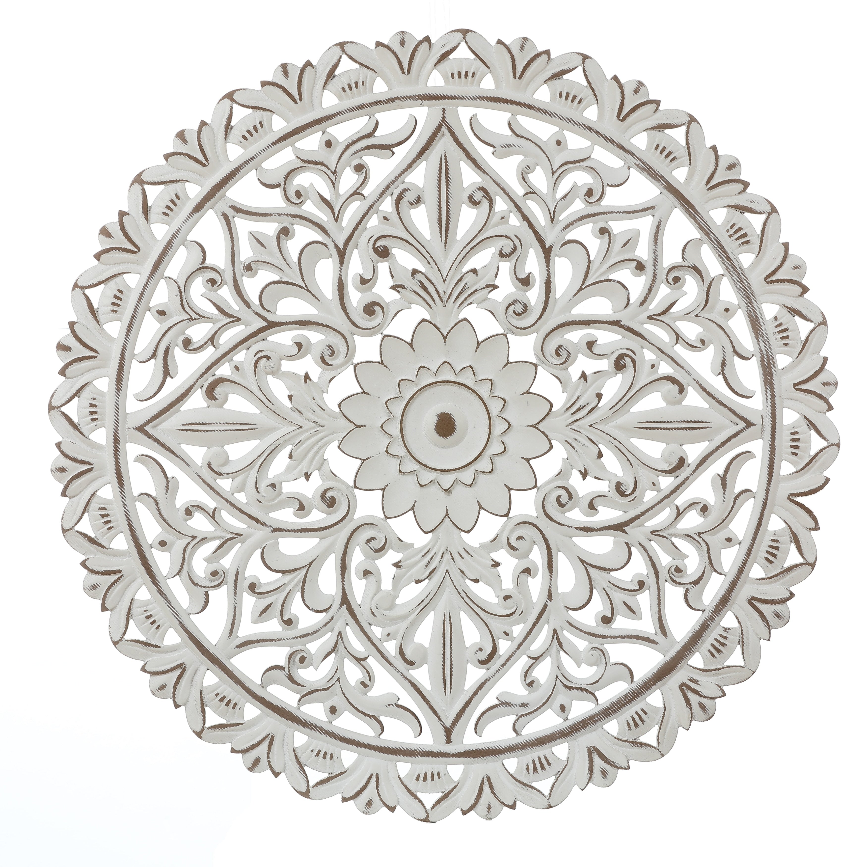 Décoration murale ronde en bois blanc vieilli avec mandala floral (31,5 cm)