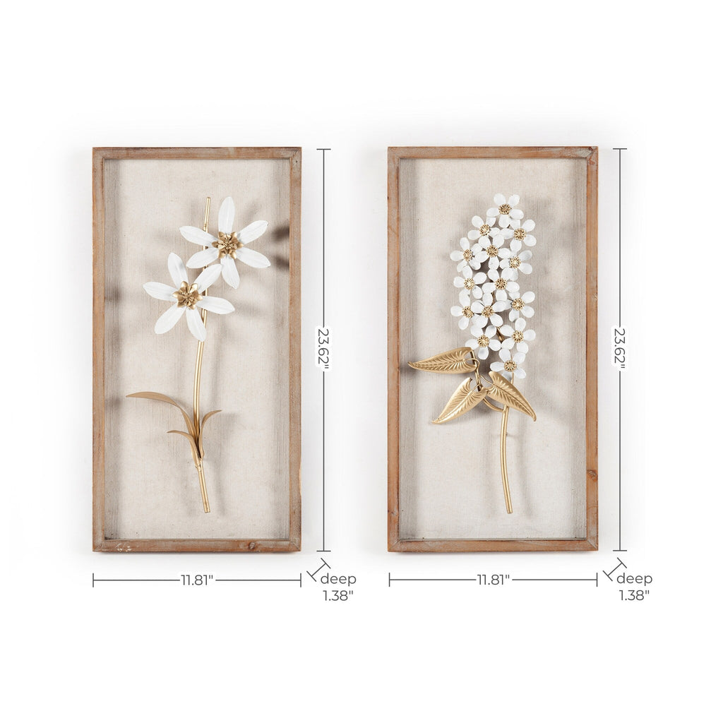 Décoration murale avec cadre en bois et bouquet de fleurs en métal blanc et doré (lot de 2)