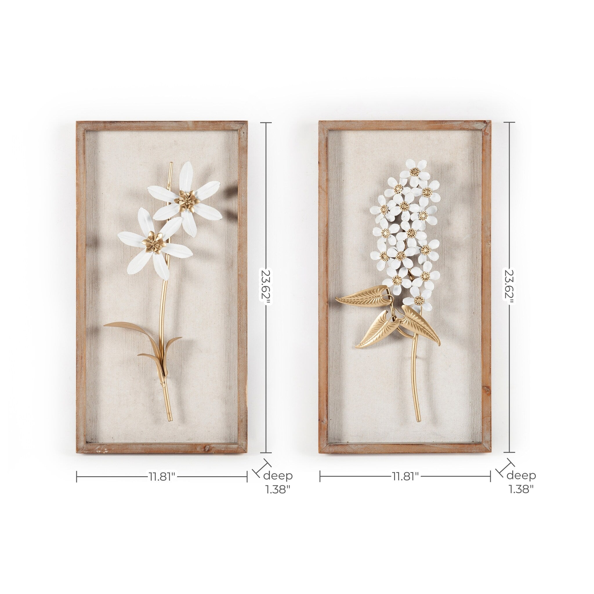 Décoration murale avec cadre en bois et bouquet de fleurs en métal blanc et doré (lot de 2)
