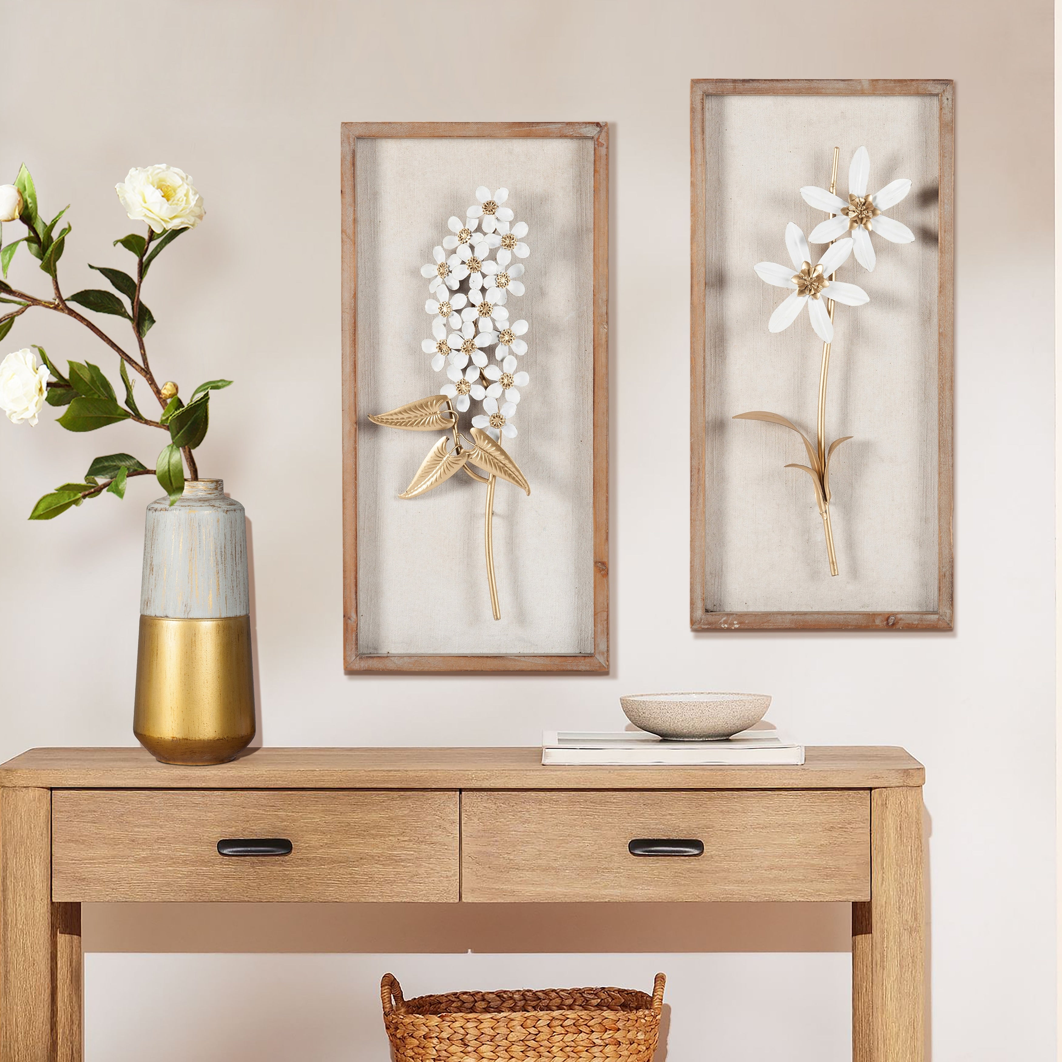 Décoration murale avec cadre en bois et bouquet de fleurs en métal blanc et doré (lot de 2)