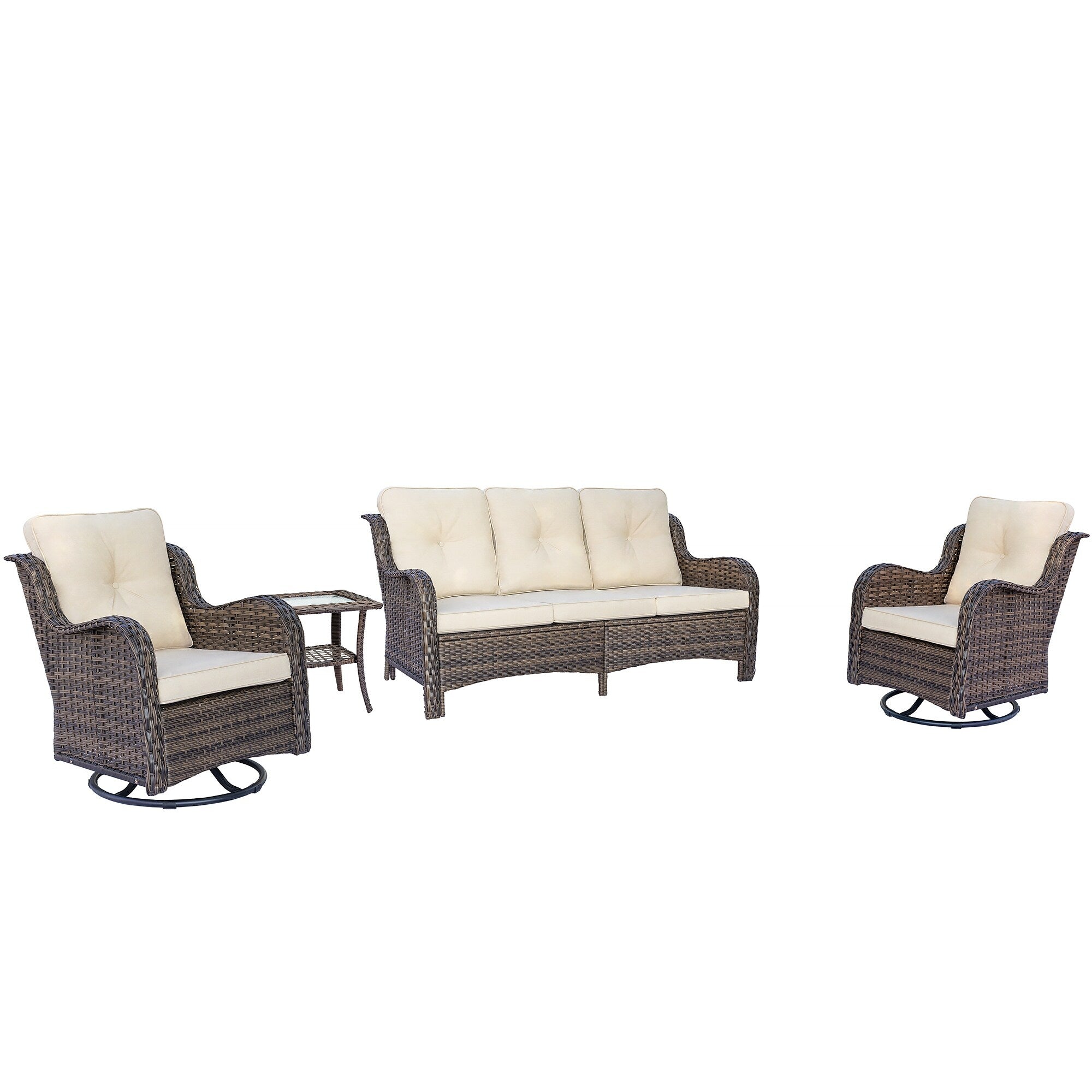 Ensemble de meubles de jardin en rotin et osier, chaises pivotantes avec coussins