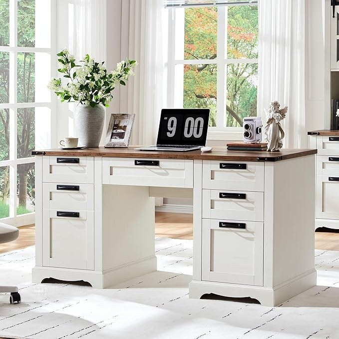 Bureau de direction Farmhouse 60, bureau en bois pour la maison, bureau d'ordinateur