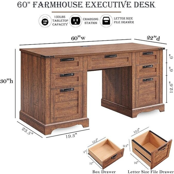 Bureau de direction Farmhouse 60, bureau en bois pour la maison, bureau d'ordinateur
