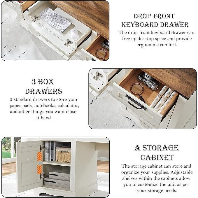 Bureau de direction Farmhouse 60, bureau en bois pour la maison, bureau d'ordinateur