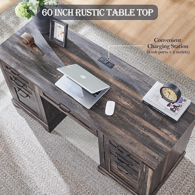 Bureau de direction Farmhouse 60, bureau en bois pour la maison, bureau d'ordinateur