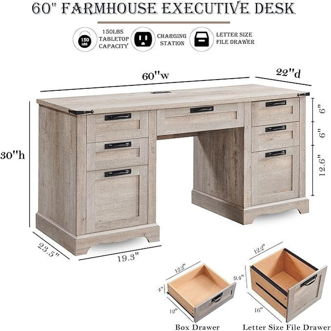 Bureau de direction Farmhouse 60, bureau en bois pour la maison, bureau d'ordinateur
