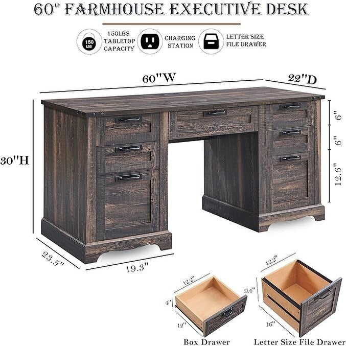 Bureau de direction Farmhouse 60, bureau en bois pour la maison, bureau d'ordinateur