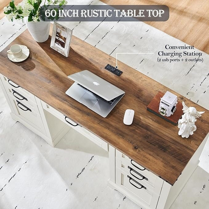 Bureau de direction Farmhouse 60, bureau en bois pour la maison, bureau d'ordinateur