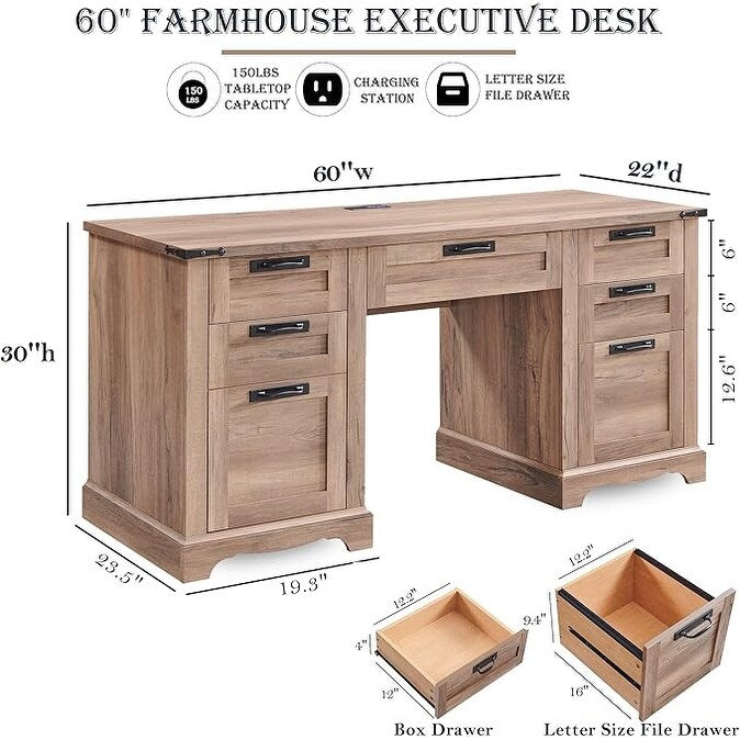 Bureau de direction Farmhouse 60, bureau en bois pour la maison, bureau d'ordinateur