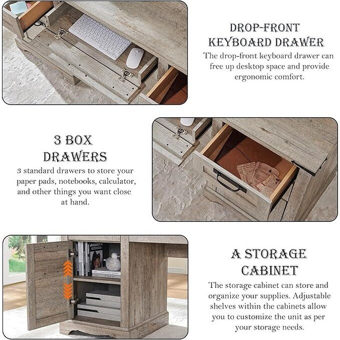 Bureau de direction Farmhouse 60, bureau en bois pour la maison, bureau d'ordinateur