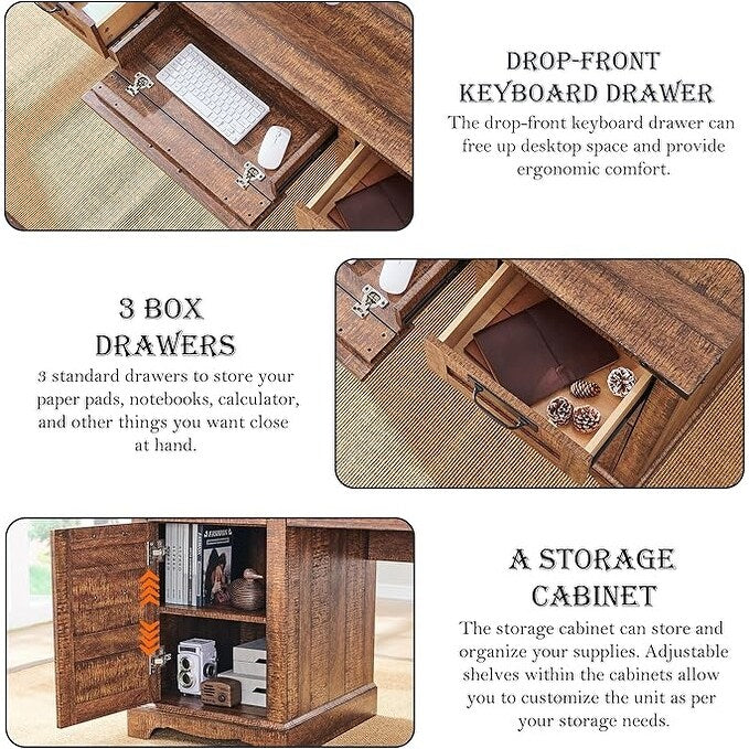 Bureau de direction Farmhouse 60, bureau en bois pour la maison, bureau d'ordinateur
