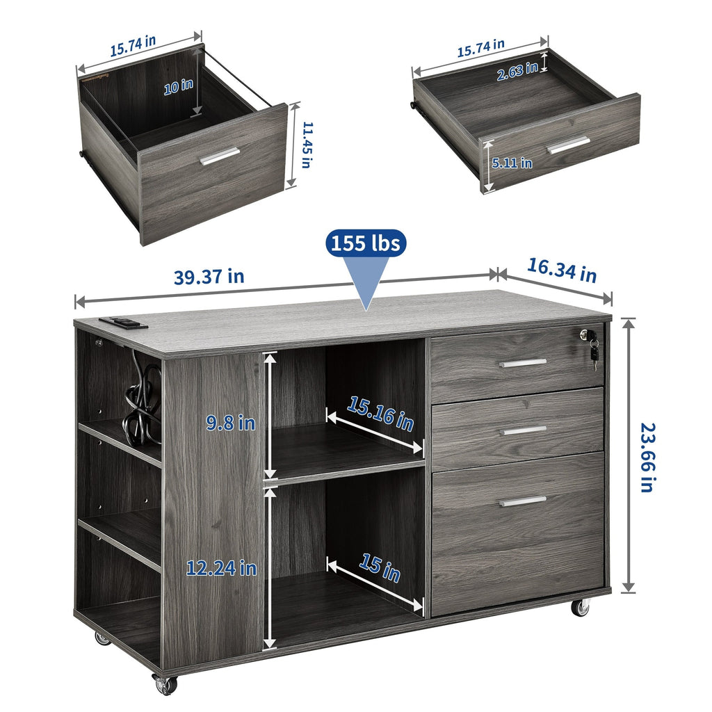 Classeur latéral mobile en bois avec station de charge verrouillable, compatible avec les dossiers de format A4, Lettre et Légal