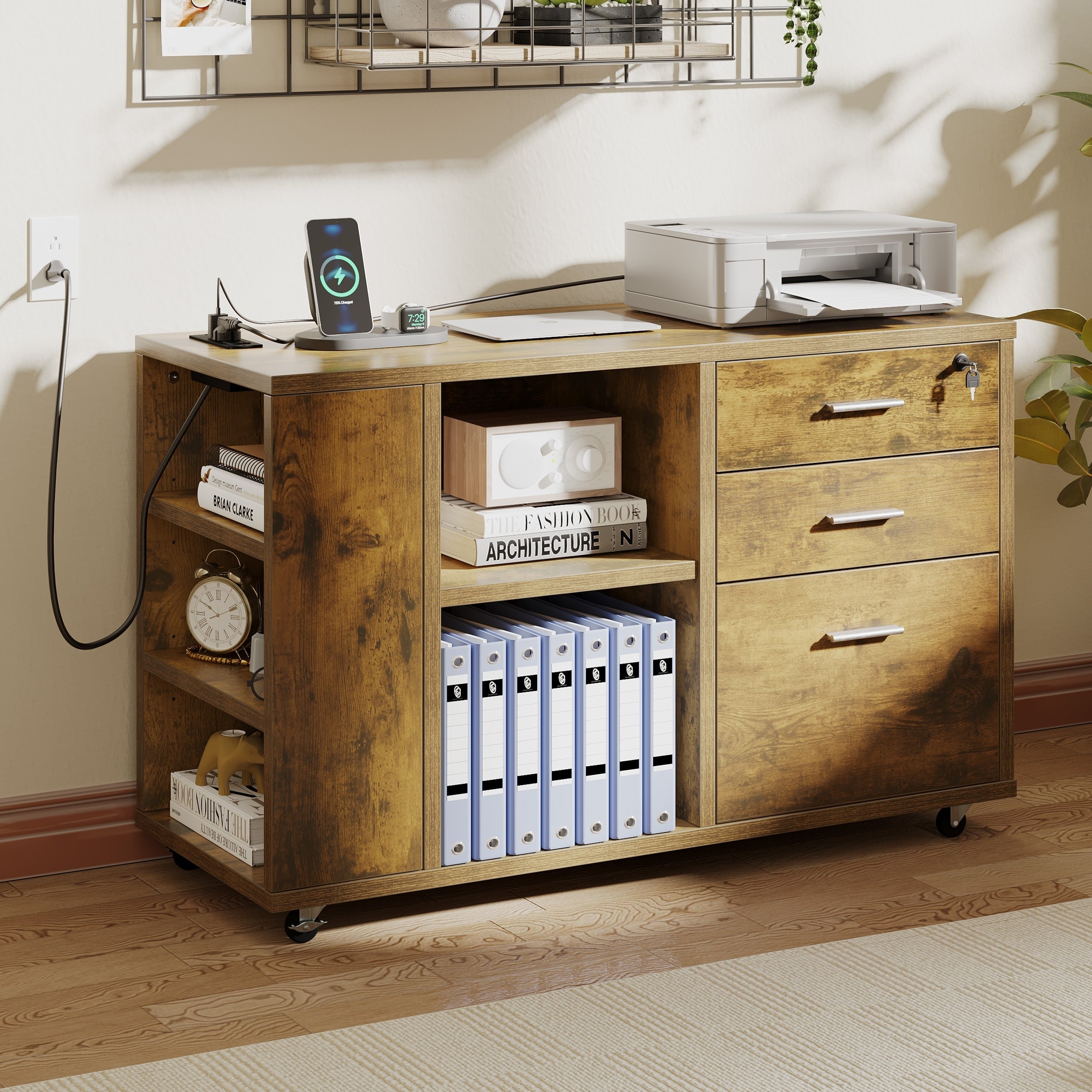 Classeur latéral mobile en bois avec station de charge verrouillable, compatible avec les dossiers de format A4, Lettre et Légal
