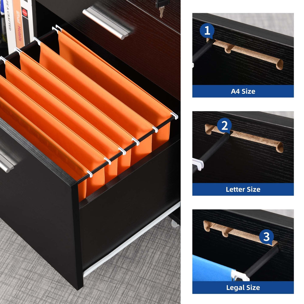 Classeur latéral mobile en bois avec station de charge verrouillable, compatible avec les dossiers de format A4, Lettre et Légal