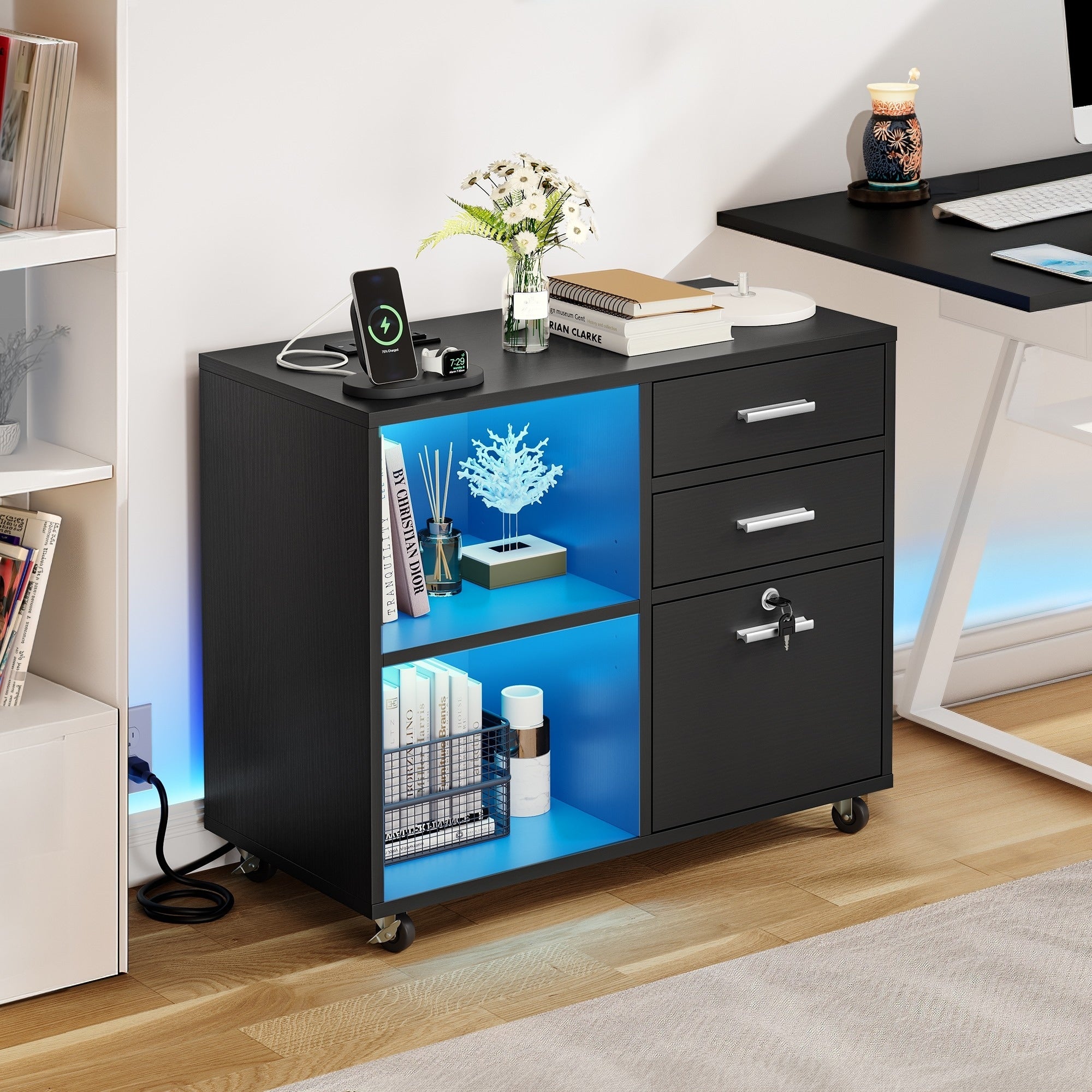 Classeur latéral mobile en bois avec station de charge verrouillable, compatible avec les dossiers de format A4, Lettre et Légal