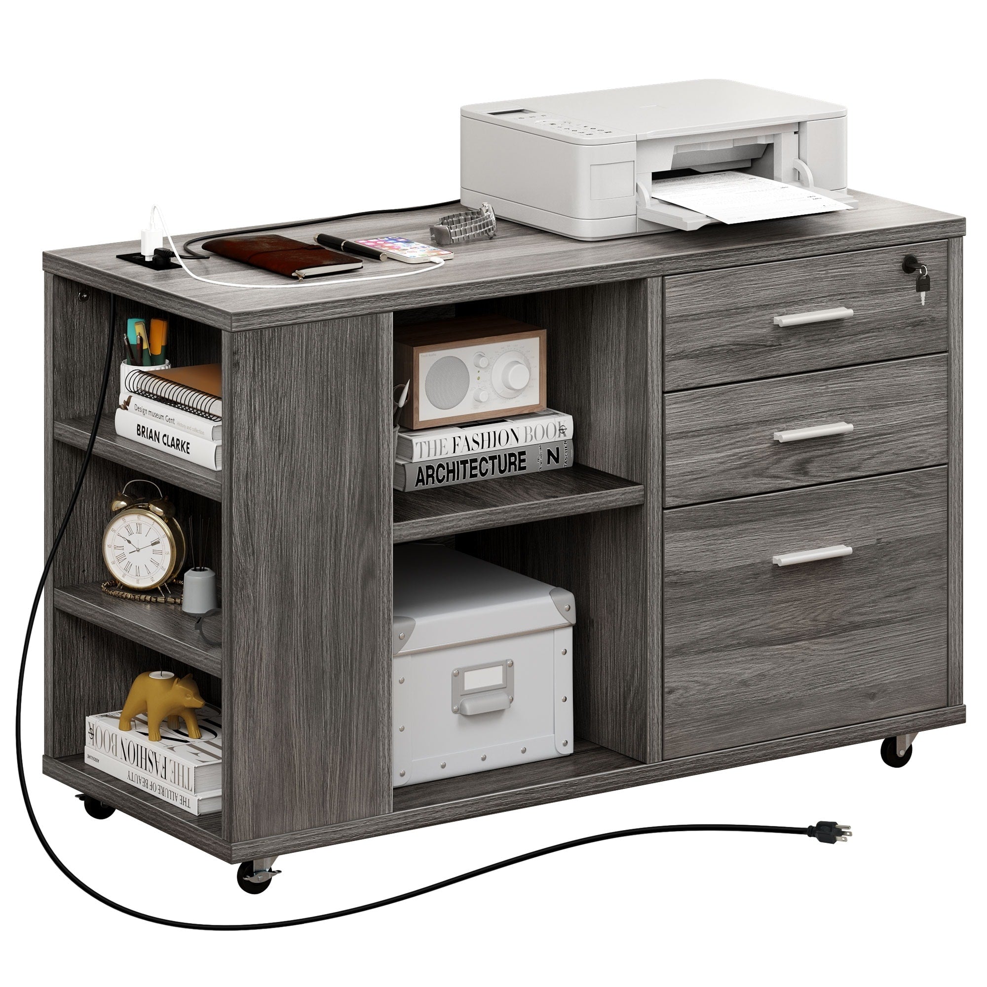 Classeur latéral mobile en bois avec station de charge verrouillable, compatible avec les dossiers de format A4, Lettre et Légal