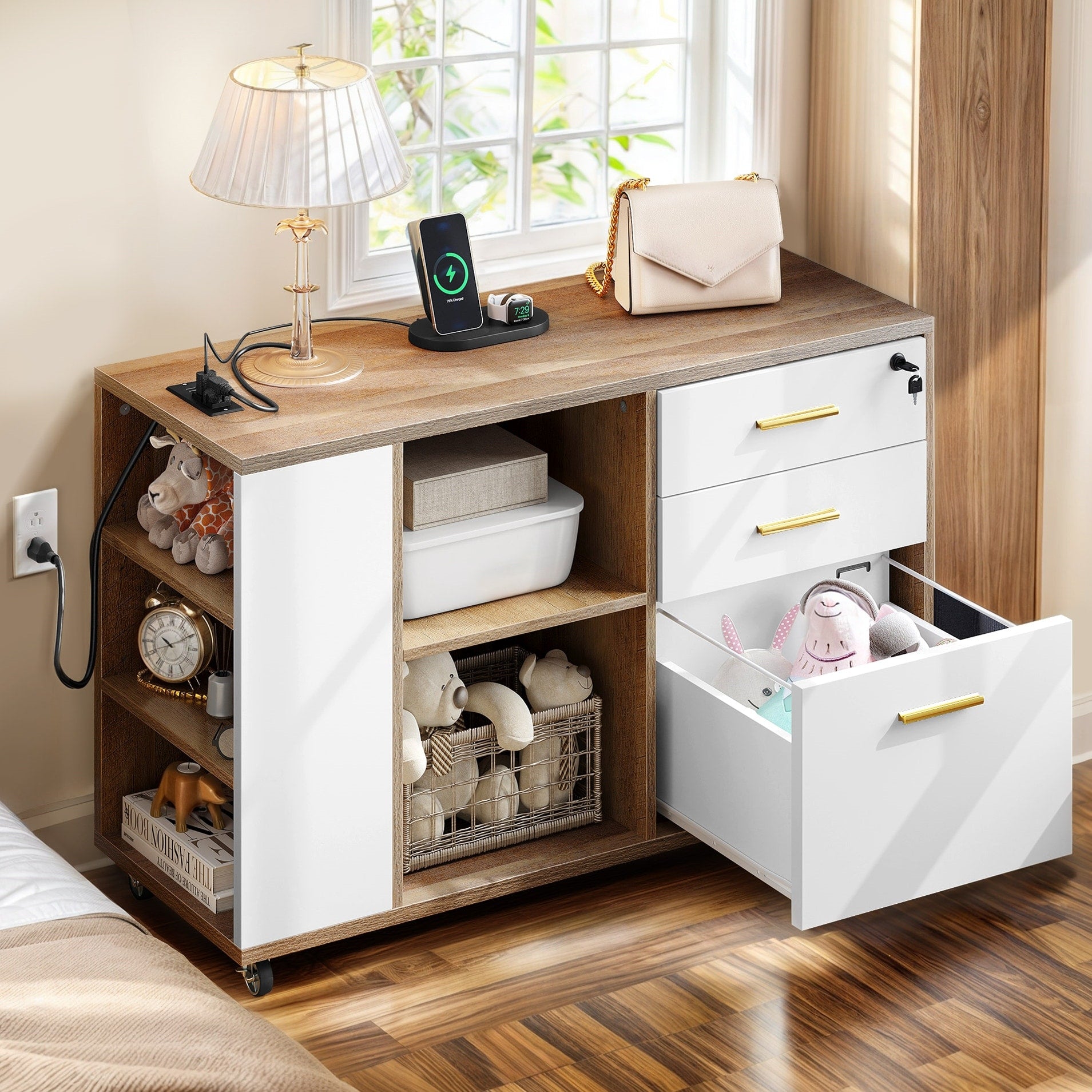 Classeur latéral mobile en bois avec station de charge verrouillable, compatible avec les dossiers de format A4, Lettre et Légal