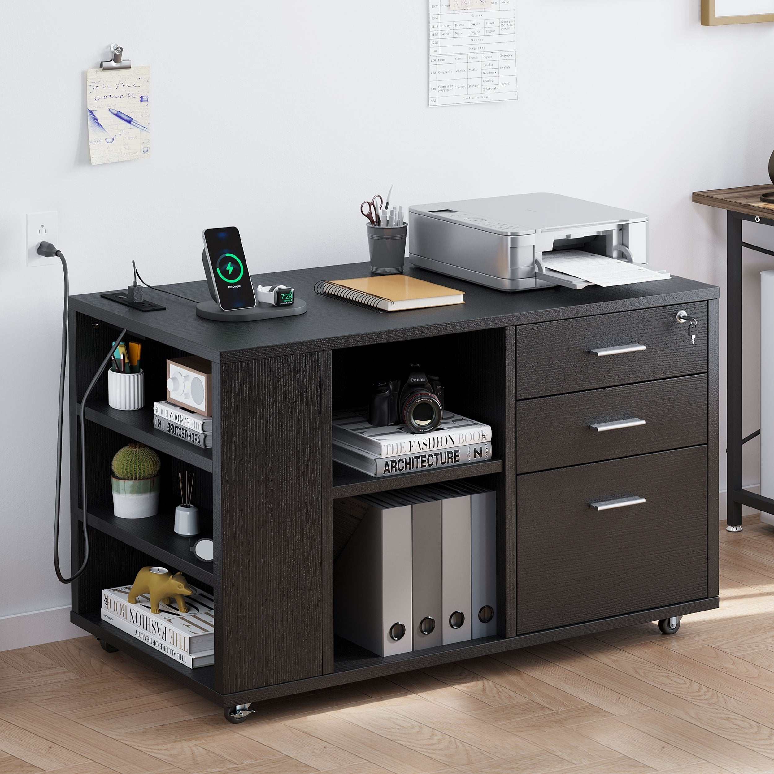 Classeur latéral mobile en bois avec station de charge verrouillable, compatible avec les dossiers de format A4, Lettre et Légal