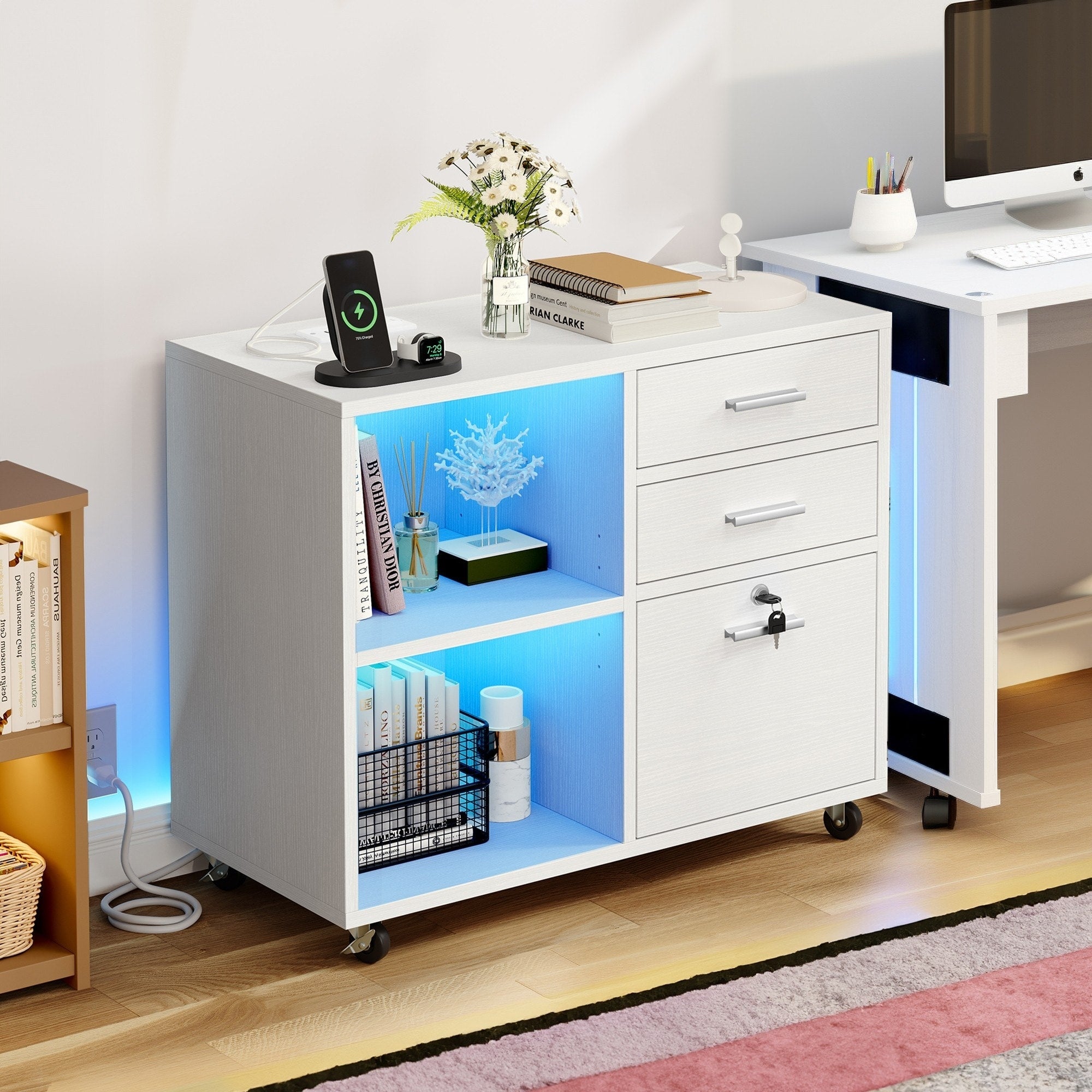 Classeur latéral mobile en bois avec station de charge verrouillable, compatible avec les dossiers de format A4, Lettre et Légal