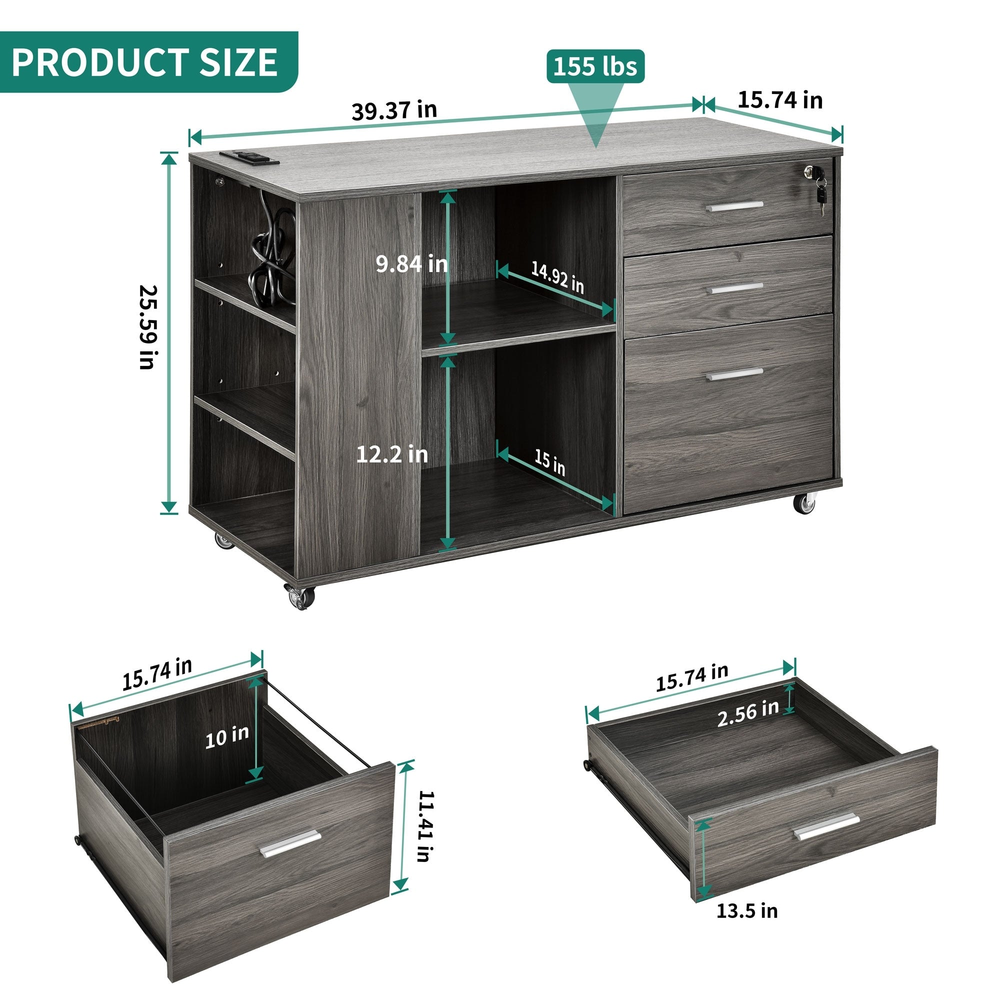 Classeur latéral mobile en bois avec station de charge verrouillable, compatible avec les dossiers de format A4, Lettre et Légal