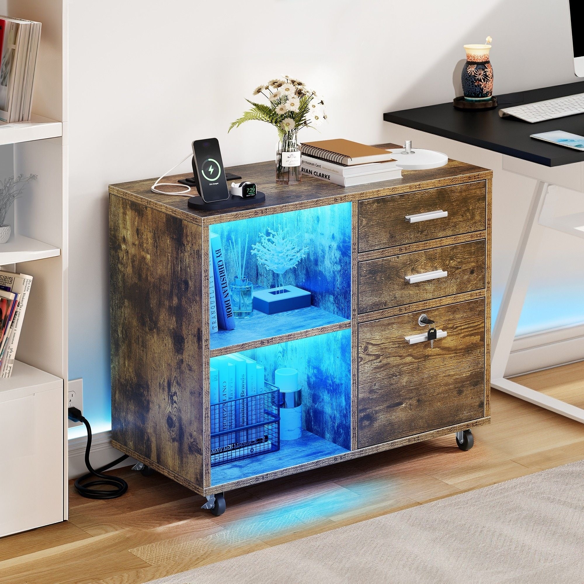 Classeur latéral mobile en bois avec station de charge verrouillable, compatible avec les dossiers de format A4, Lettre et Légal