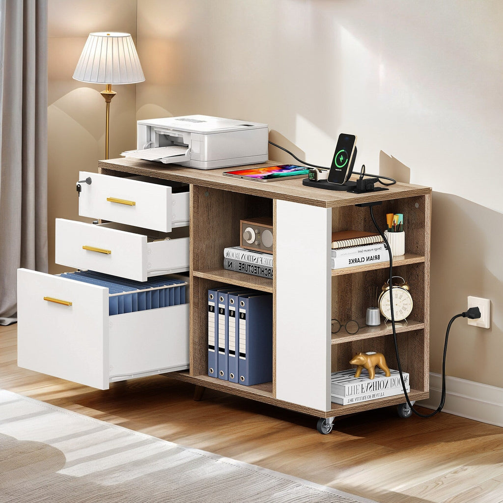 Classeur latéral mobile en bois avec station de charge verrouillable, compatible avec les dossiers de format A4, Lettre et Légal