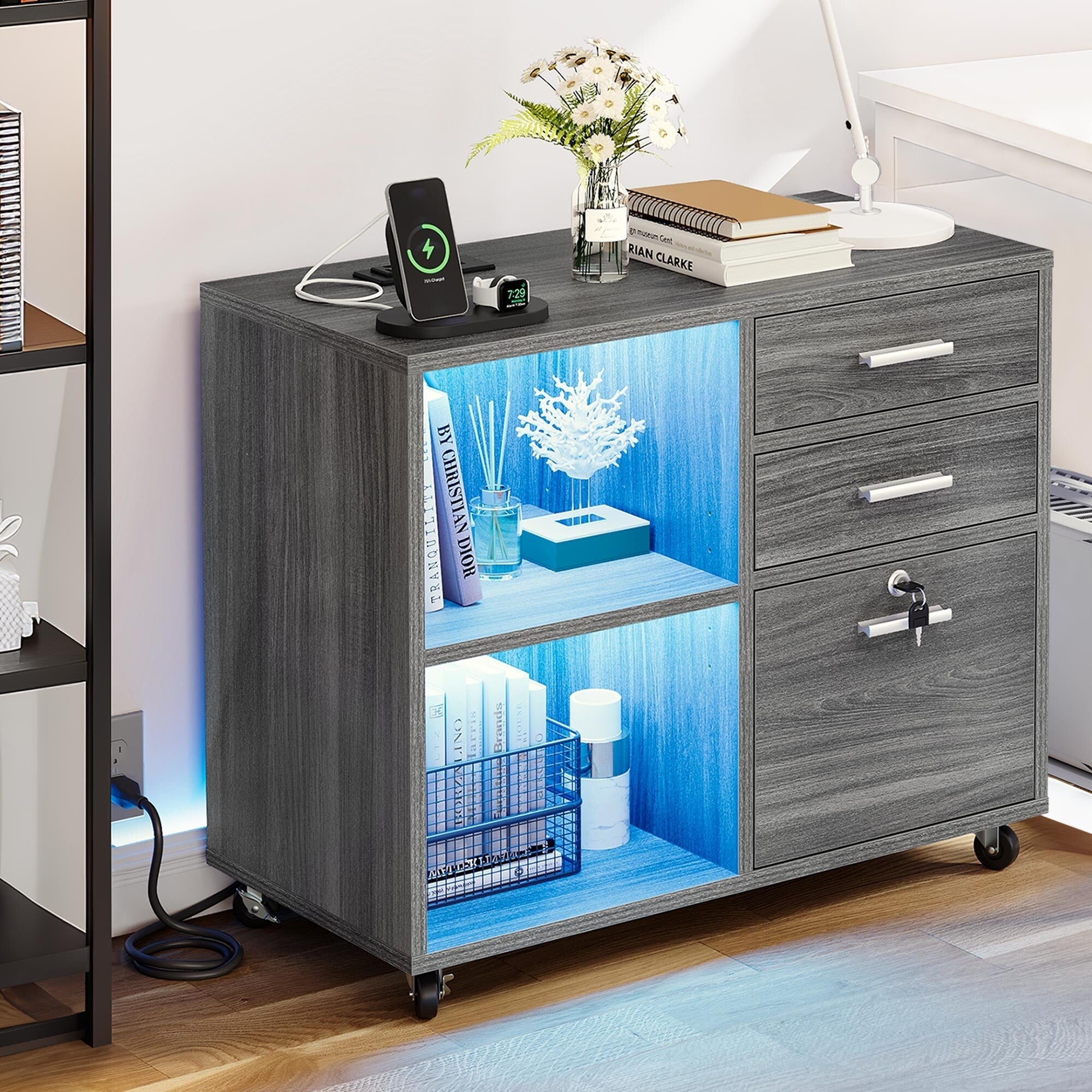 Classeur latéral mobile en bois avec station de charge verrouillable, compatible avec les dossiers de format A4, Lettre et Légal