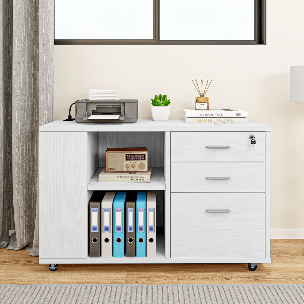 Classeur latéral mobile en bois avec station de charge verrouillable, compatible avec les dossiers de format A4, Lettre et Légal