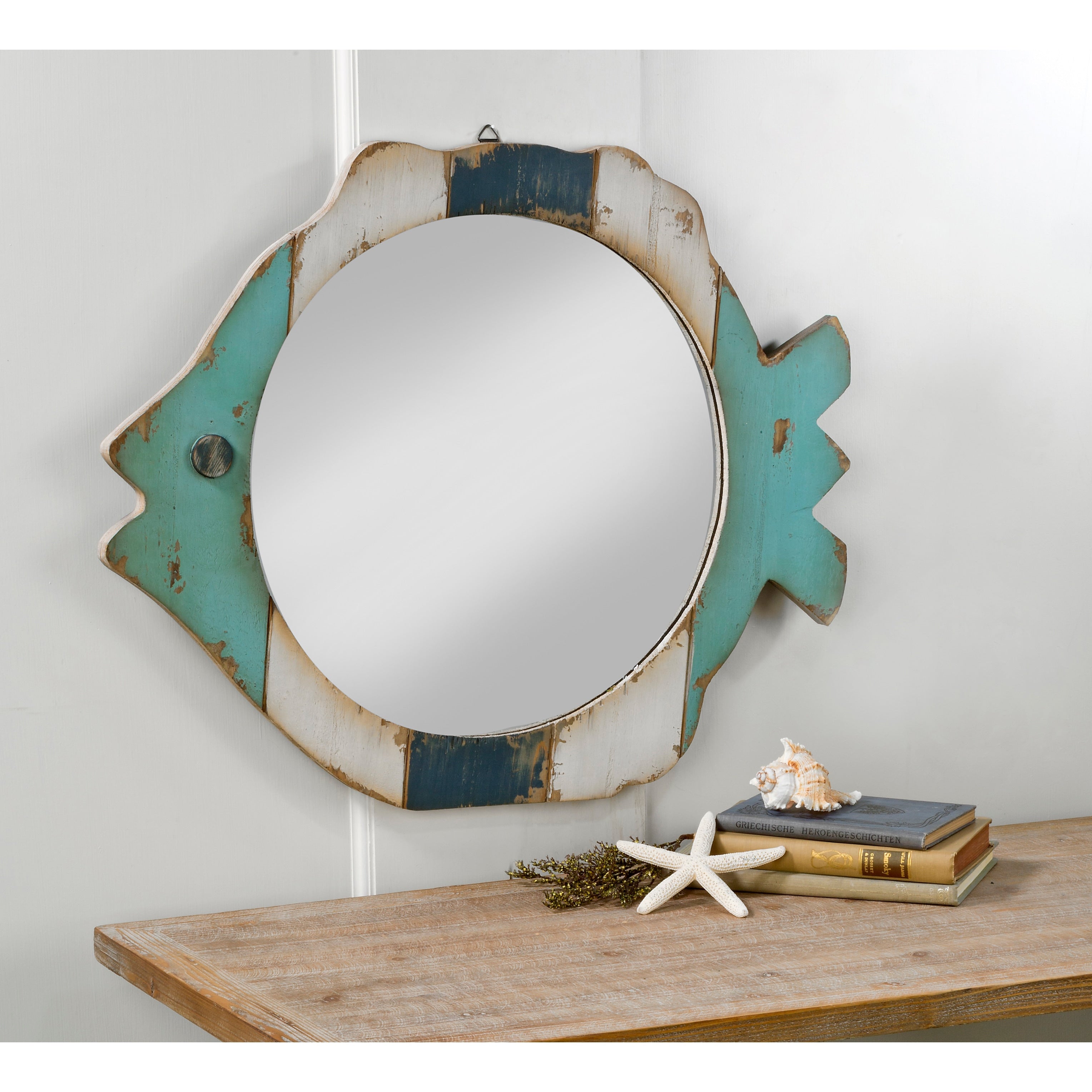 Miroir en bois avec cadre en forme de poisson - Bleu