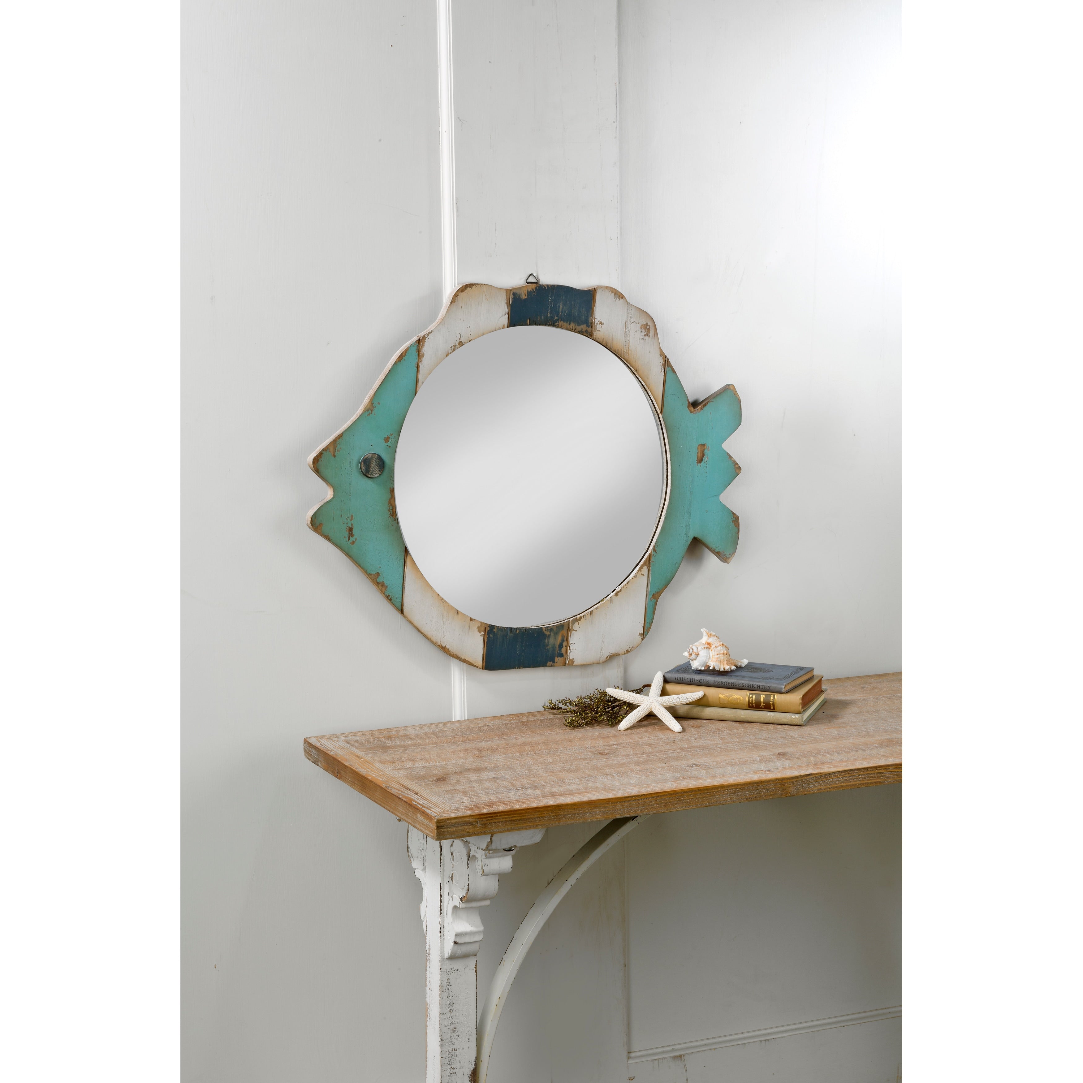 Miroir en bois avec cadre en forme de poisson - Bleu