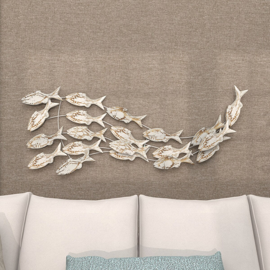Décoration murale en bois faite à la main, motif poisson nageur, effet vieilli marron - Blanc - Roche River Decor